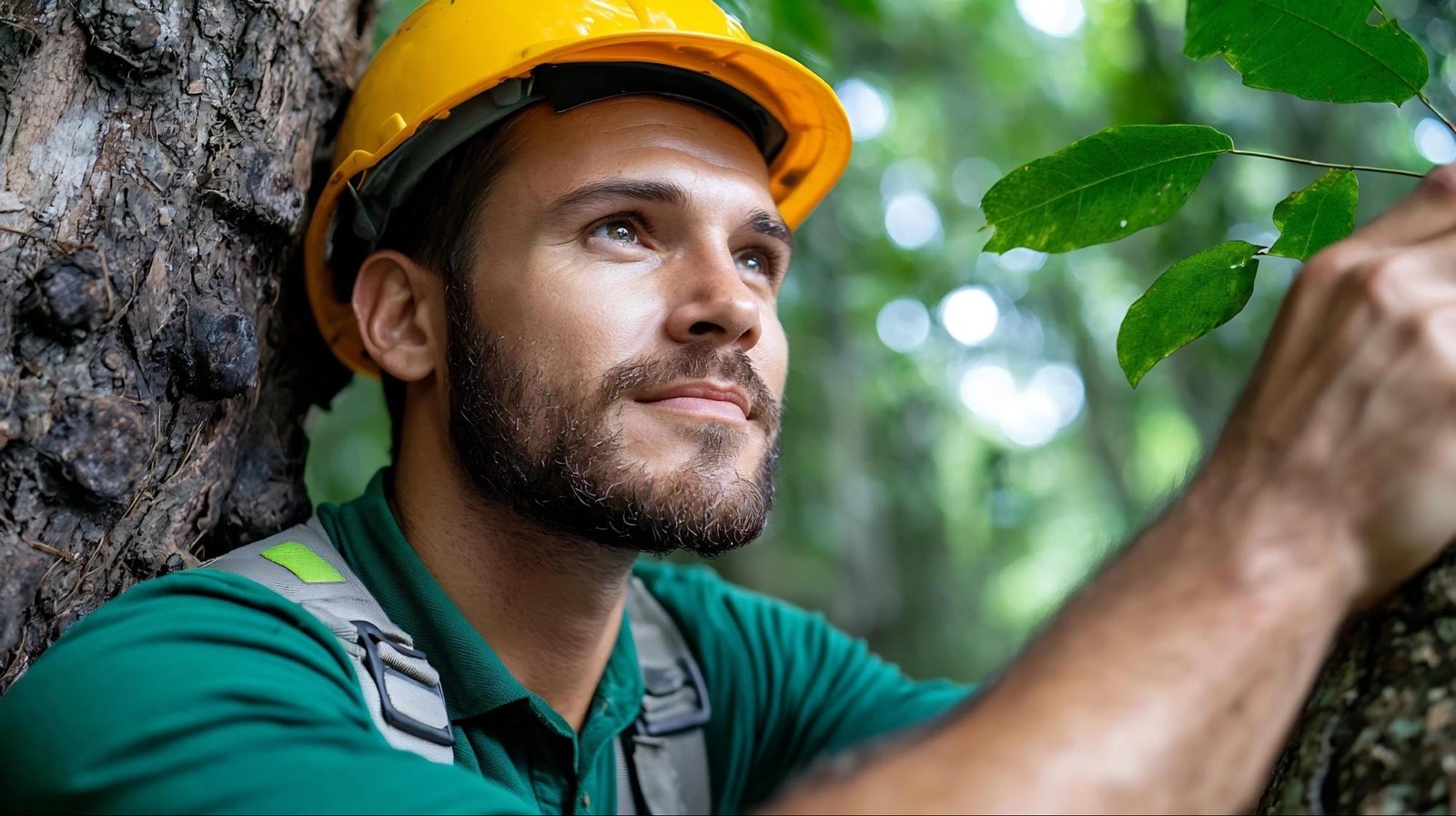 male surveyor checking plant against tree and wearing a hard hat