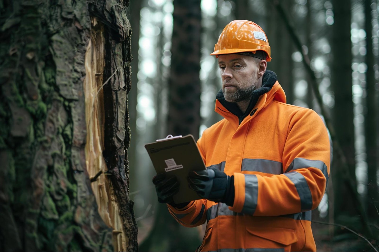 surveyor with notepad checking tree